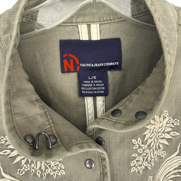 Nautica Jeans Military Olive Jacket L Embroidered Floral Cotton 90s Vintage - Picture 5 of 6